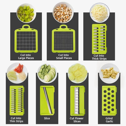 Coupe-légumes multifonction 8 en 1 avec récipient – Mandoline de cuisine avec lames interchangeables, râpe, trancheur, séparateur