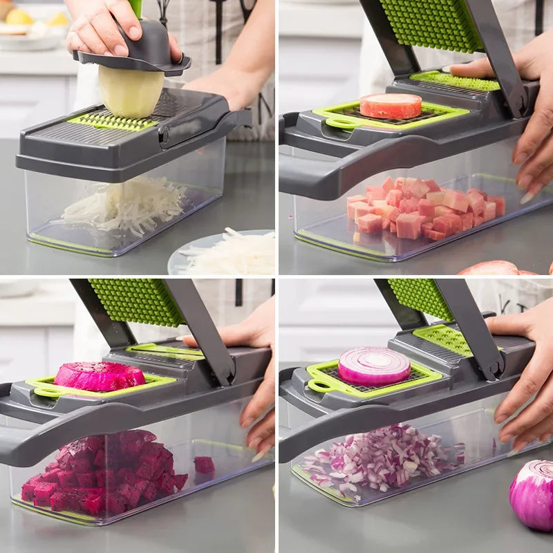 Coupe-légumes multifonction 8 en 1 avec récipient – Mandoline de cuisine avec lames interchangeables, râpe, trancheur, séparateur