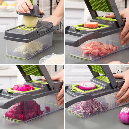 Coupe-légumes multifonction 8 en 1 avec récipient – Mandoline de cuisine avec lames interchangeables, râpe, trancheur, séparateur