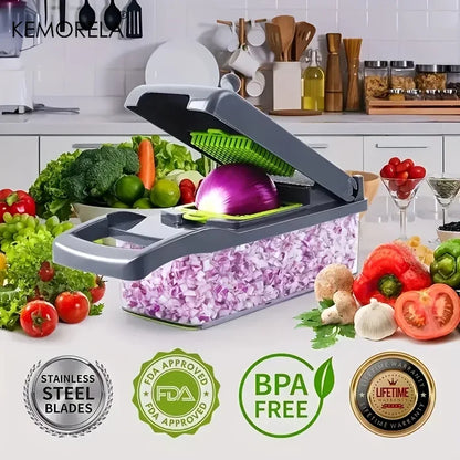 Coupe-légumes multifonction 8 en 1 avec récipient – Mandoline de cuisine avec lames interchangeables, râpe, trancheur, séparateur