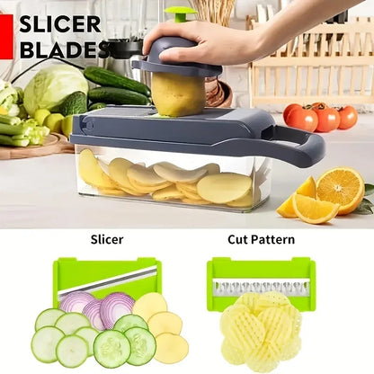 Coupe-légumes multifonction 8 en 1 avec récipient – Mandoline de cuisine avec lames interchangeables, râpe, trancheur, séparateur
