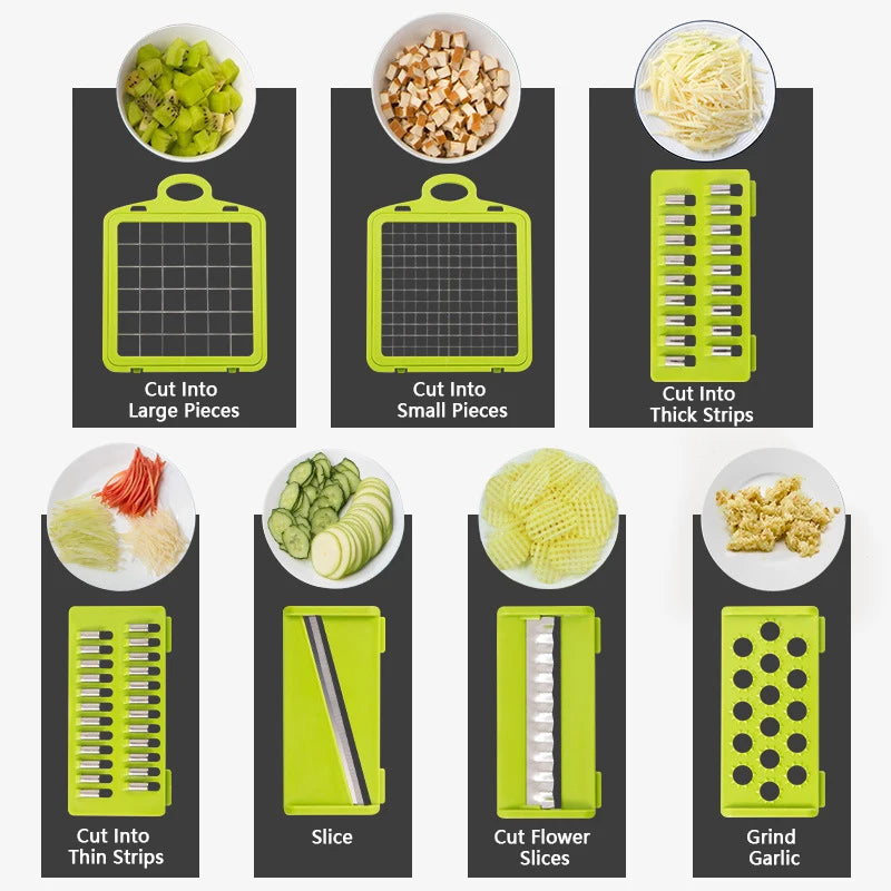 Coupe-légumes multifonction 8 en 1 avec récipient – Mandoline de cuisine avec lames interchangeables, râpe, trancheur, séparateur