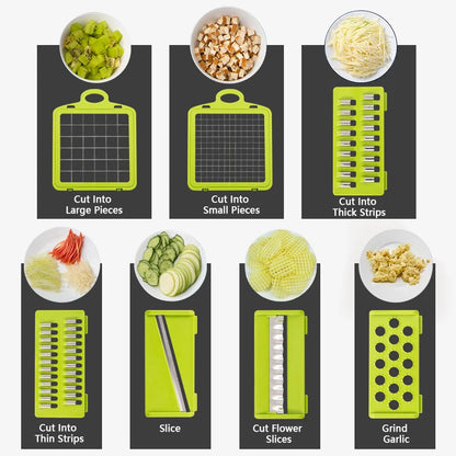 Coupe-légumes multifonction 8 en 1 avec récipient – Mandoline de cuisine avec lames interchangeables, râpe, trancheur, séparateur