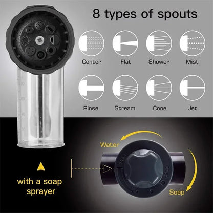 Pistolet d’Arrosage Multifonction avec Réservoir à Savon – 8 Jets Réglables