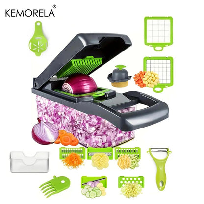 Coupe-légumes multifonction 8 en 1 avec récipient – Mandoline de cuisine avec lames interchangeables, râpe, trancheur, séparateur
