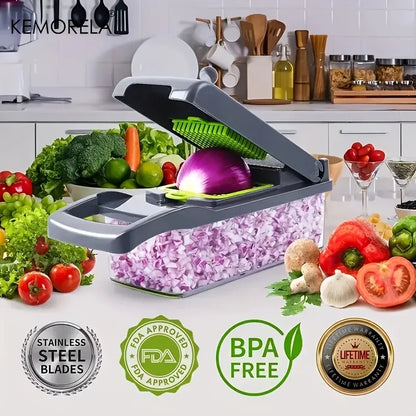 Coupe-légumes multifonction 8 en 1 avec récipient – Mandoline de cuisine avec lames interchangeables, râpe, trancheur, séparateur