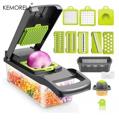 Coupe-légumes multifonction 8 en 1 avec récipient – Mandoline de cuisine avec lames interchangeables, râpe, trancheur, séparateur