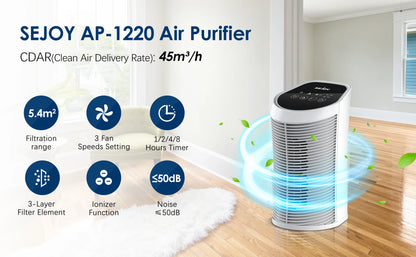 Purificateur d'Air Compact HEPA Sejoy – 3 Vitesses, Ioniseur, Ultra Silencieux