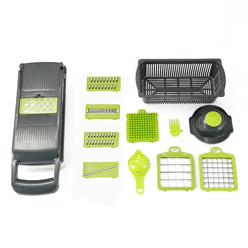 Coupe-légumes multifonction 8 en 1 avec récipient – Mandoline de cuisine avec lames interchangeables, râpe, trancheur, séparateur