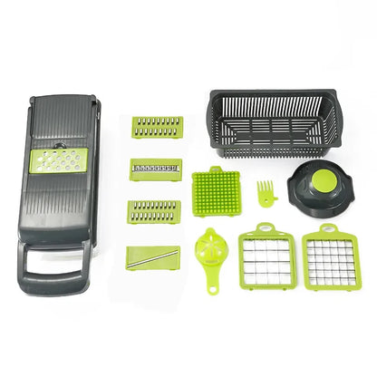 Coupe-légumes multifonction 8 en 1 avec récipient – Mandoline de cuisine avec lames interchangeables, râpe, trancheur, séparateur