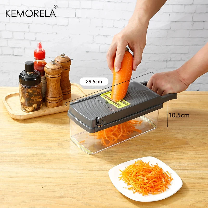 Coupe-légumes multifonction 8 en 1 avec récipient – Mandoline de cuisine avec lames interchangeables, râpe, trancheur, séparateur
