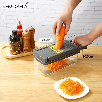 Coupe-légumes multifonction 8 en 1 avec récipient – Mandoline de cuisine avec lames interchangeables, râpe, trancheur, séparateur